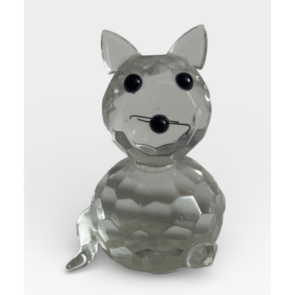 Miniature Faceted Crystal Glass Cat Figurine Clear Art Deco Style Animal Decor